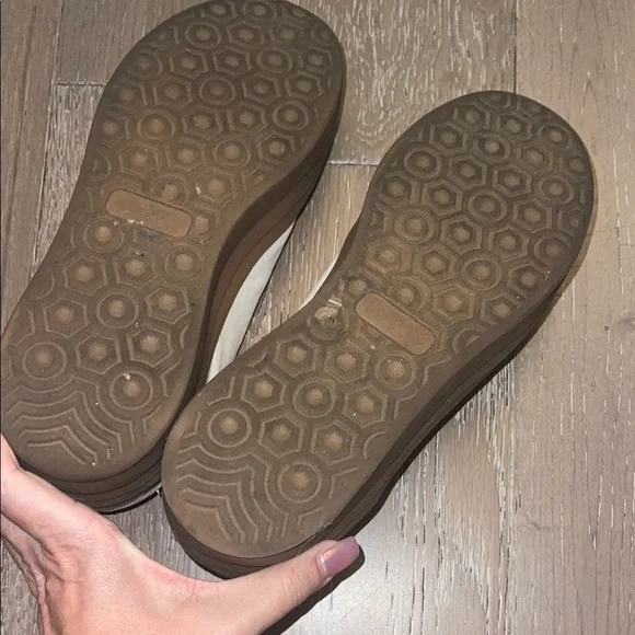 Stylish White and Tan Sneakers with bold green stripe, platform rubber sole - Picture 8 of 9